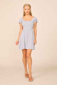 Blue Jean Washed Crepe Smocked Bodice Puff Sleeve Dress
